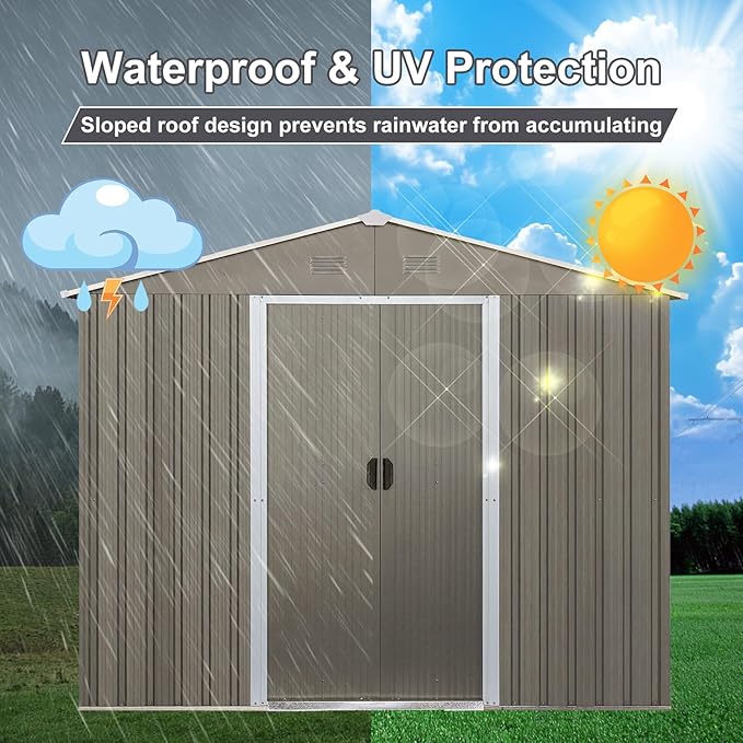 KEIKI 8x10 FT Outdoor Metal Storage Shed with Peaked Roof,Vents and Lockable Door for Garden Yard Lawn