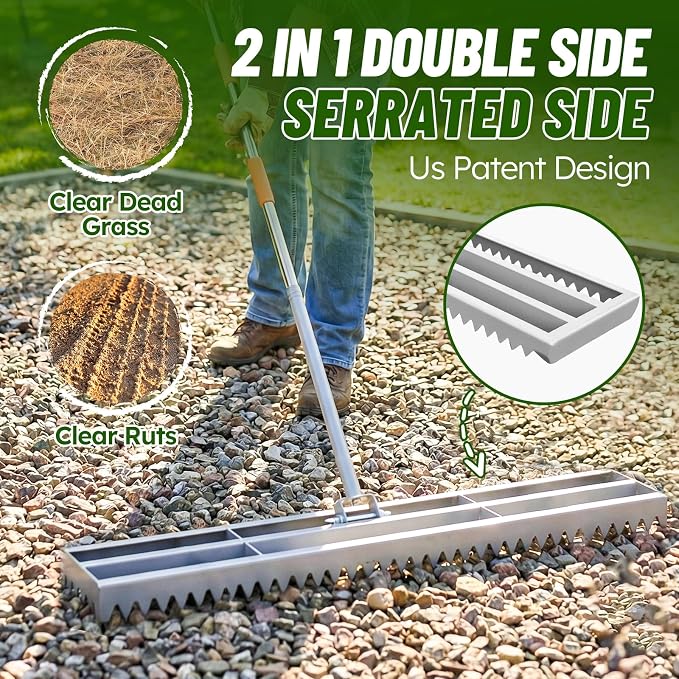 Lawn Leveling Rake, 2-in-1 Double-Sided Landscape Leveler with 20 Marking Flags for Low Spot, 48"×10” Heavy Duty Stainless Steel Flat & Serrated Side for Soil Sand Gravel, Yard Garden Golf Course