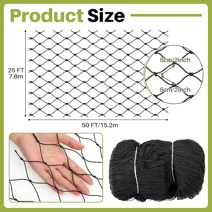 25 x 50 ft Aviary Bird Netting Chicken Netting Commercial Grade Heavy Duty Knotted 2 inch Mesh for Chicken Coops Poultry Blueberries Fruit Trees Net Aviary Garden