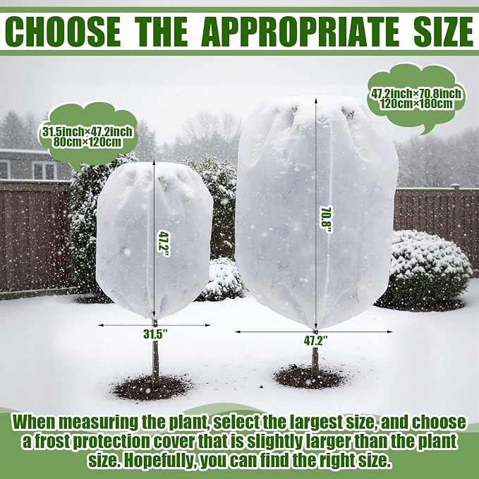 SATINIOR 16 Pcs 47 x 71 Inch Plant Covers Freeze Protection, Reusable Plant Protector Frost Cloth Warm Blankets, Winter Bush Tree Cover with Drawstring Outdoor (White)
