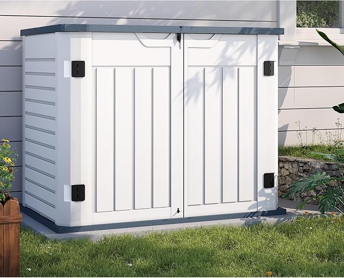 UDPATIO 4.5' x 2.5' Outdoor Storage Shed Horizontal Outdoor Trash Can Storage Box Plastic Shed Resin Cabinet,White & Grey,35 Cu.Ft