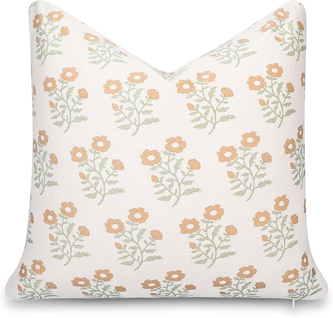 Crumbs Home Modern Farmhouse California Casual Indoor Outdoor Throw Pillow Cover, 20"x20" Water Repellent for Patio, Backyard, Couch, Poolside, Ivory Cream Tan Green Print Block Painting Flowers