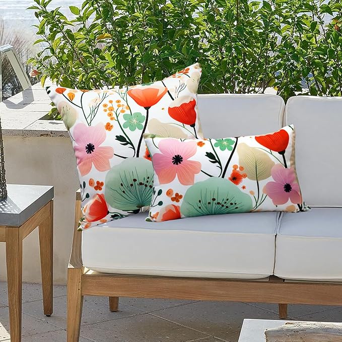 Floral Outdoor Throw Pillow Covers 18x18 Waterproof Colorful Summer Spring Garden Decorative Square Patio Pillows Outdoor Pillows Covers for Patio Furniture Set of 2 (No Pillow Insert)