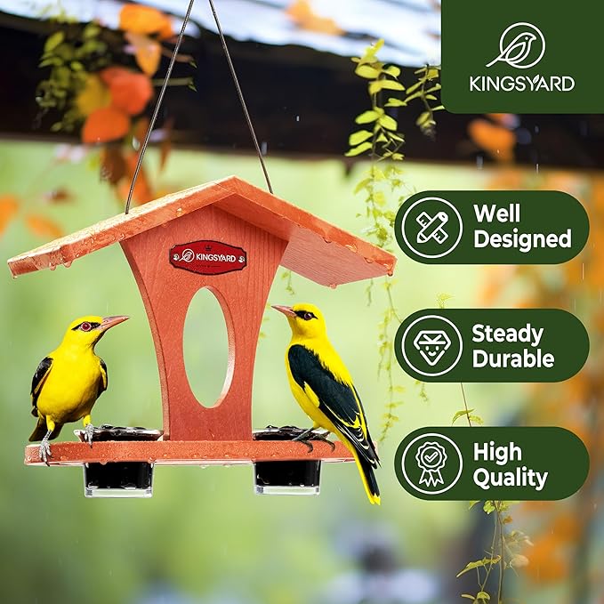 Kingsyard Bird Feeder for Outdoor Hanging, Recyceled Plastic Oriole Jelly Feeder, Two Dishes w/ 5 oz, Durable & Weatherproof, for Bird Lovers, Orange