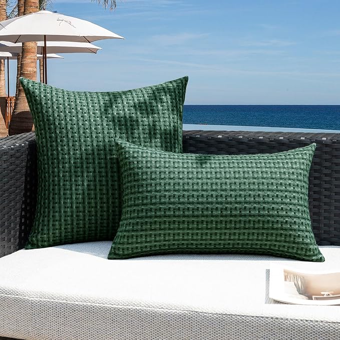 Kevin Textile Outdoor Waterproof Throw Pillow Covers Pack of 2 Farmhouse Decorative Cushion Covers for Garden Patio Tent Balcony Bench Couch Sofa 18x18 Inch, Dark Green