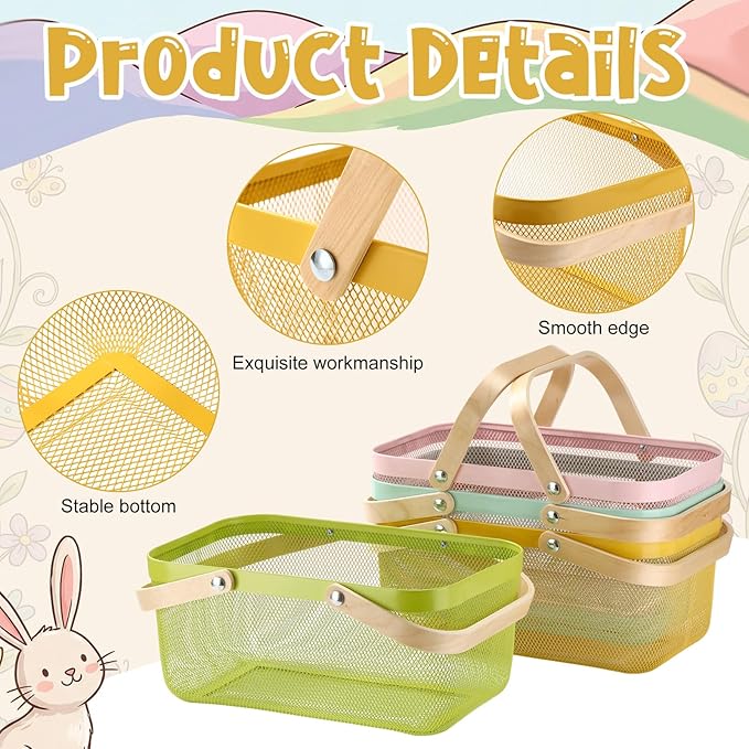 Sadnyy 4 Pcs Macaron Easter Metal Wire Storage Basket with Handle Mesh Harvest Durable Vegetables Fruit Toy Basket for Garden Organizing, Kitchen, Countertop, Closet, Bedroom (16 x 9.8 x 7.1 Inch)