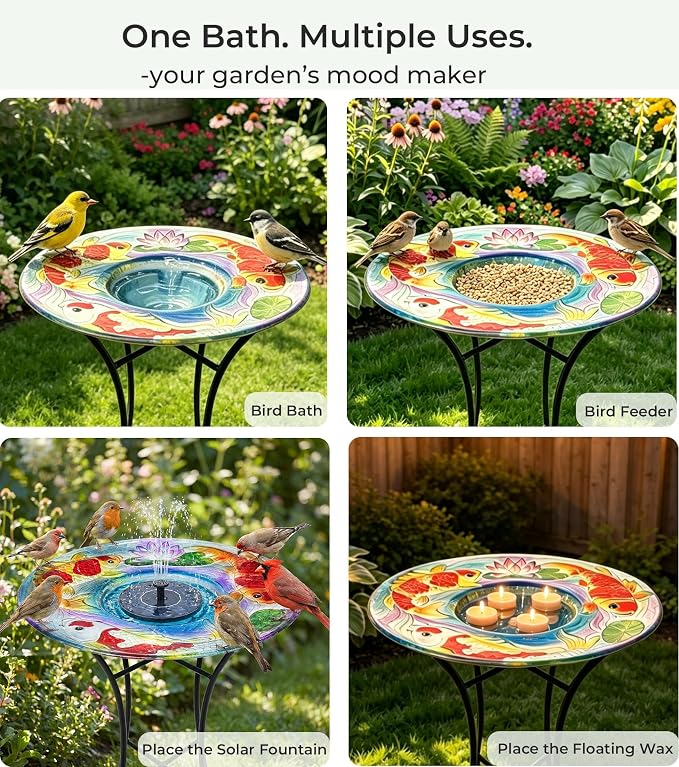 Bird Bath with Stand for Outside, Fits Solar Fountain Pump, Glass Birdbath Bowl for Garden Yard, Koi Design, Decorative Indoor Outdoor, Easy Clean, 21" H