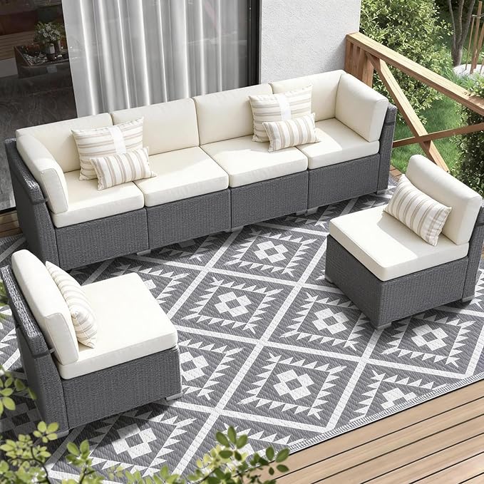 COOLTOP 9'x12’ Outdoor Rug for Patios Porches, Waterproof Plastic Camping Rugs, Modern Reversible Mat, Large Area Rugs for Backyard, Deck, RV, Balcony, Picnic, Beach, Grey & White