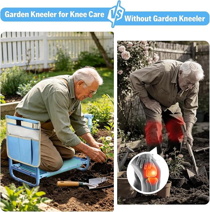 Garden Kneeler and Seat Heavy Duty, Foldable Gardening Stool Bench with Widened Thick Soft Kneeling Pad and Tool Pouches - 2-in-1 Portable Kneeling Device for Seniors (Blue)