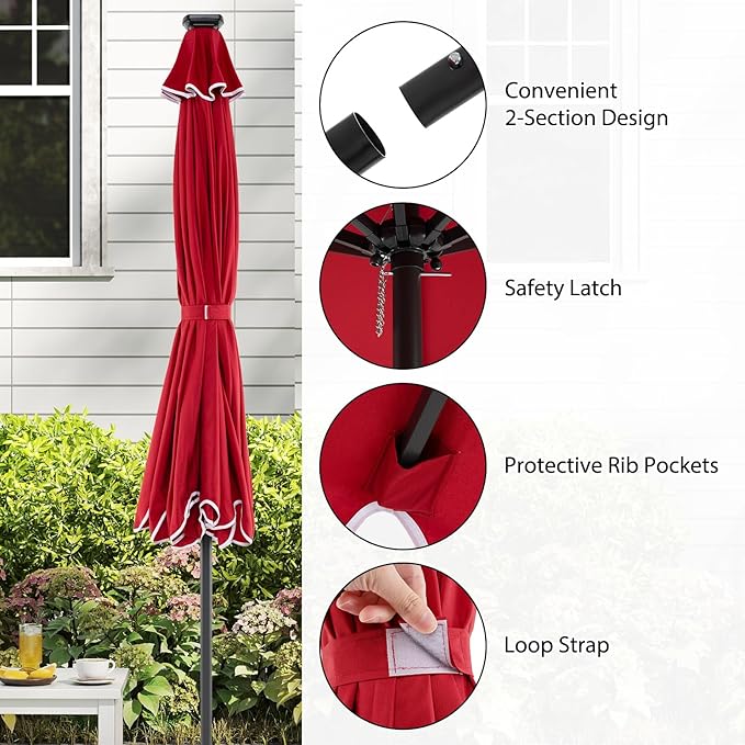 Tangkula 10FT Solar LED Patio Umbrella, 2-Tiers Scalloped Outdoor Table Market Umbrella with 24 LED Lights, Vented Top, Tilt Adjustment, Crank, 8 Ribs for Backyard Poolside Deck Beach Lawn (Red)