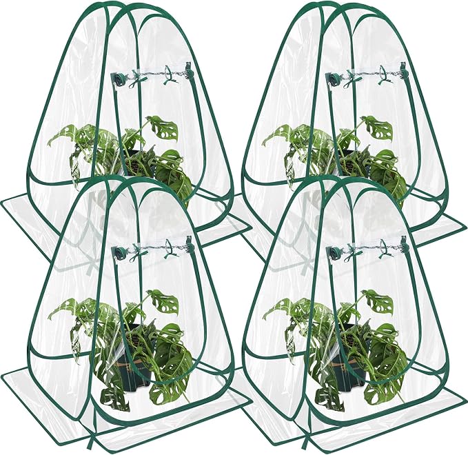 Suzile 4 Pcs Pop up Small Greenhouse for Winter Mini Greenhouse PVC Clear Easy to Install Portable Flowerpot Cover Plant Grow Tent with Nails for Indoor Outdoor Gardening, 25.2 x 25.2 x 25.6 Inches