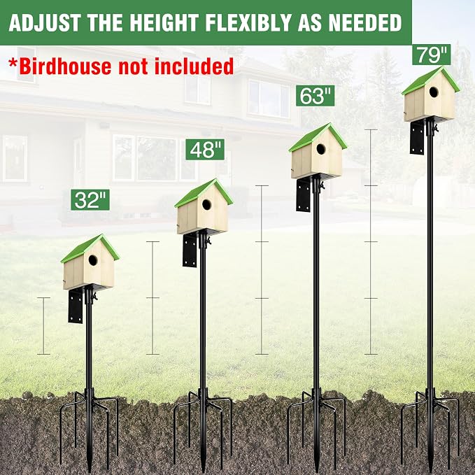 YINGYM Bird Feeder Pole, 79 Inch Heavy Duty Bird House Pole Mount Kit for Outdoors, Adjustable Metal Bird Feeding Stand, with 2-Hooks, 5-Prong Base for Hanging Feeders, Black