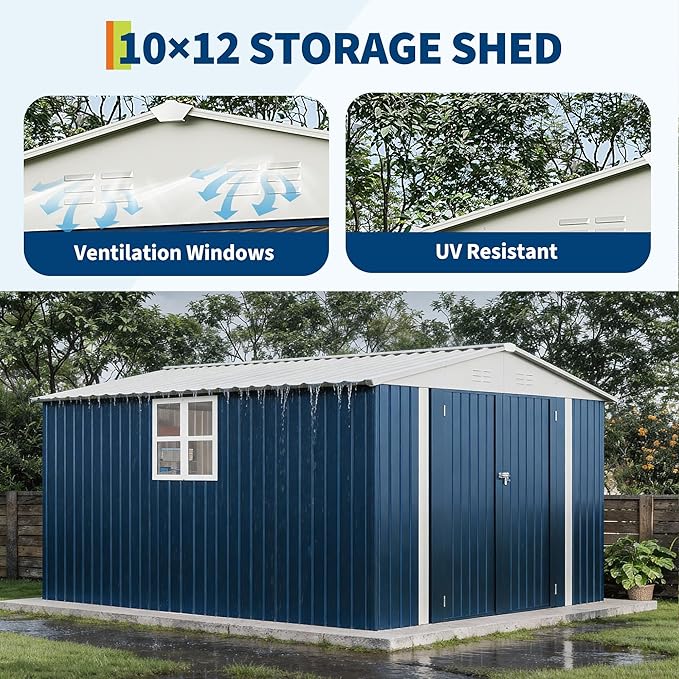 Garvee 10X12 FT Storage Shed with Cross Windows & Lockable Door，Large Outdoor Metal Shed，Peaked Roof Garden Shed for Lawn Mower, Bike, Tools - All Weather Secure Storage