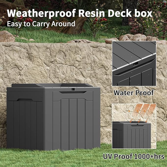 Greesum 31 Gal Resin Deck Box,Outdoor Storage for Patio,Garden Tools,Pool Supplies, Weatherproof and UV Resistant, Lockable, Dark Grey