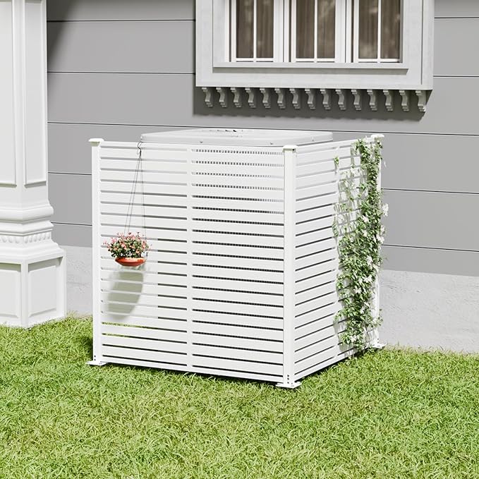 Air Conditioner Fence Panels, 47" W X 48" H Pool Equipment Enclosure, No-Dig Outdoor Privacy Screen, Trash Can Enclosure, Decorative Garden Fences for Patio Lawn, White
