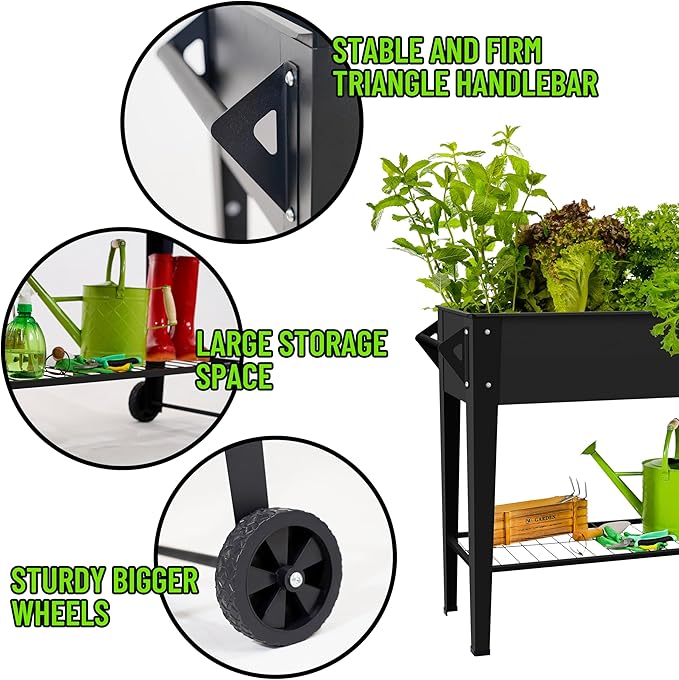 LEETOLLA Elevate 32" Tall Raised Garden Bed Outdoor with Wheels & Shelf for Mobility, 400LBS Capacity, Anti-Rust Steel Planter Box for Vegetables/Herbs, Patio-Balcony-Backyard