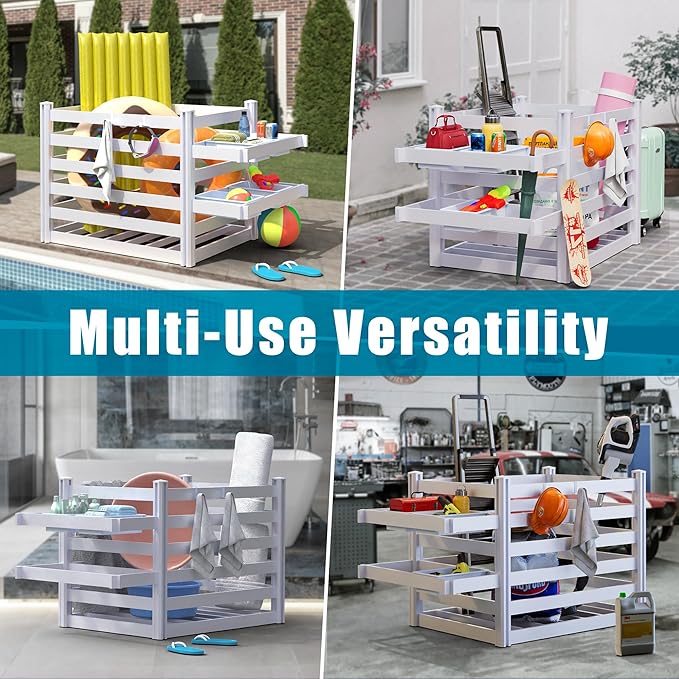 EUNHOO Pool Toy Storage Organizer, 64" L x 36" W x 39" H, Outdoor Deckbox with 4 Removable Towel Hooks & 2 Basket Rack (Basket not incl.) Waterproof Poolside Float Equipment Enclosure Bins Deck
