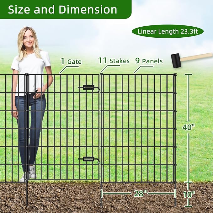 FOREHOGAR Metal Garden Fence with Gate 40in (H) x 23.3ft (L), 1 Gate + 9 Panels Dog Fence Border Fence Animal Barrier, No Dig Garden Fencing for Yard Flower Bed Lawn Patio Outdoor, PIN402810G Black