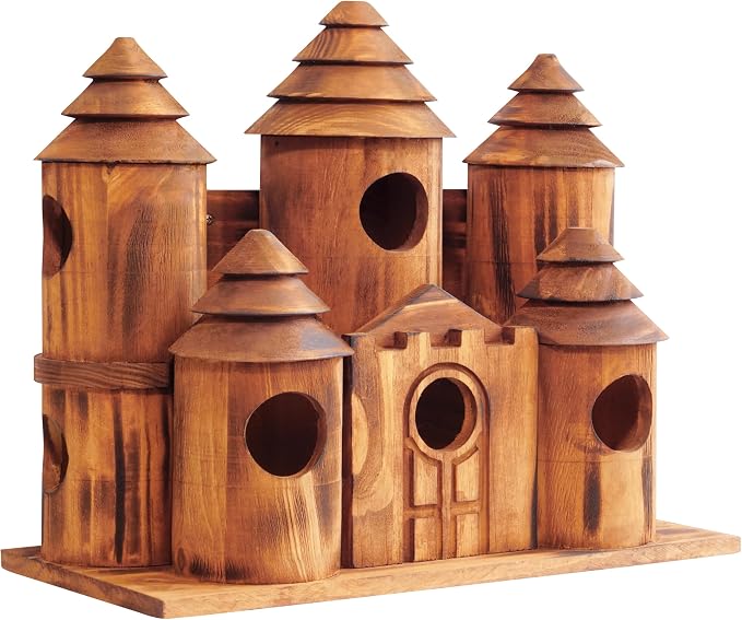 MIXUMON Wooden Bird Houses for Outside – 8 Rooms Castle-Style Bird House, Carbonized Pine Rustic Finish, 1.57" Entrance Holes, Decorative Outdoor Bird Nesting Box (Rustic, 8 Rooms)
