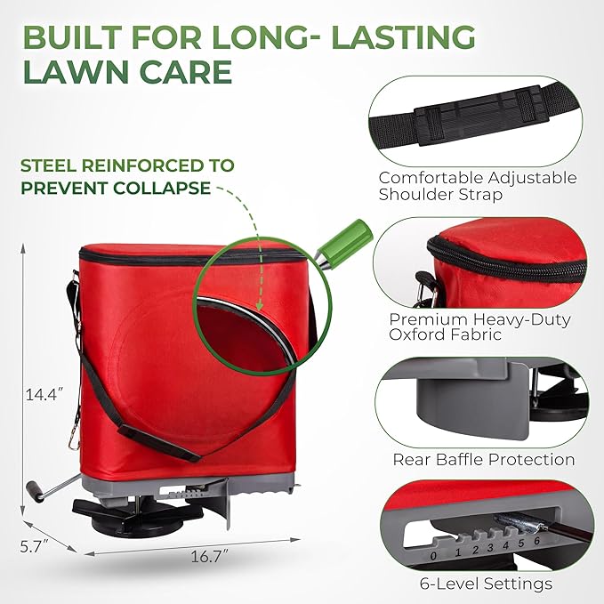 Walensee 25lb Handheld Bag Seed Spreader with Enclosed Metal Gears, Rear Baffle, Adjustable Flow Control, Durable Oxford Bag, Shoulder Strap, for Grass Seed and Fertilizer, Red