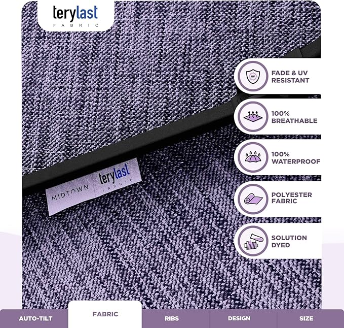 Midtown Umbrellas - 10-Year-No-Fade 9 Ft Patio Umbrella with Terylast Fabric, Auto-Tilt Aluminum Frame and 8 Reinforced Ribs for Deck, Pool, Garden & Beach - Purple Texture Canopy, Black Pole