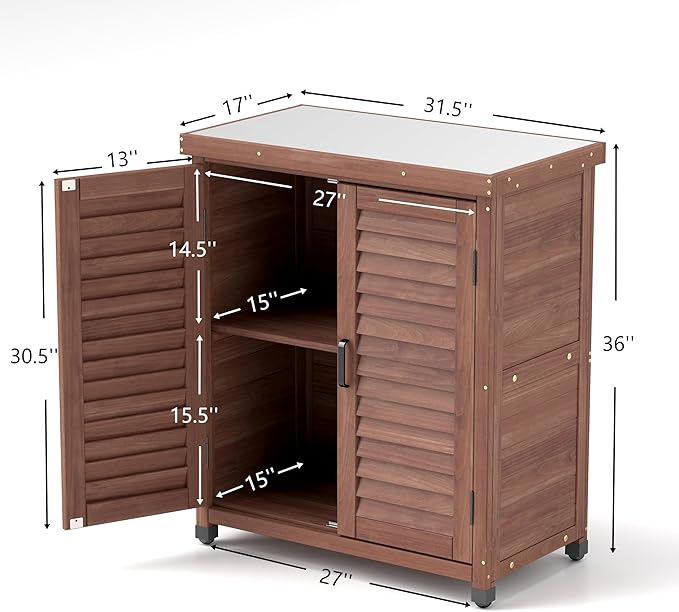 YOPTO Outdoor Wood Storage Cabinet,Garden Shed Tool with Metal Table Top, Backyard Waterproof Shelter W/Ventilated Screen Door & 2 Handles,2 Compartments,Workstation for Lawn,31x17x36'',Coffee