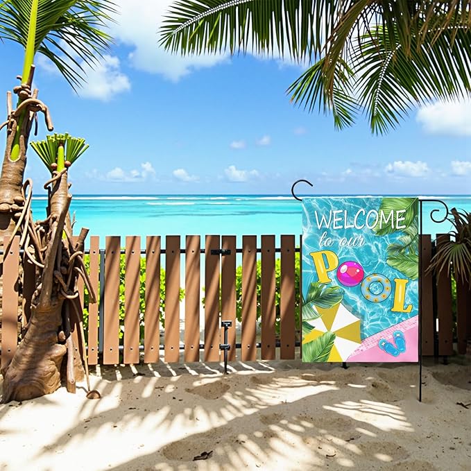 Welcome to Our Pool Garden Flag Vertical Double Sided Summer Swimming Pool Yard Flag Palm Leaf Parasol Garden Flags 12x18 Inch Holiday Party Seasonal Farmhouse Banner Outdoor Decor