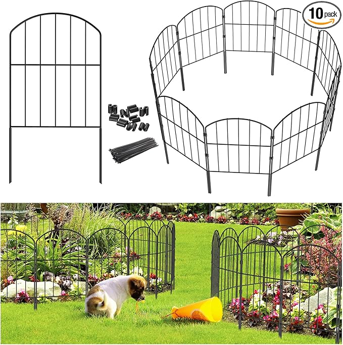 Goovilla Garden Fence, Total 10ft(L) x 24in(H) Garden Fencing Animal Barrier, 10 Pcs Rustproof Metal Fence Panels, Black No Dig Fence, Decorative Garden Fences and Borders for Dogs, Flower Bed, Patio