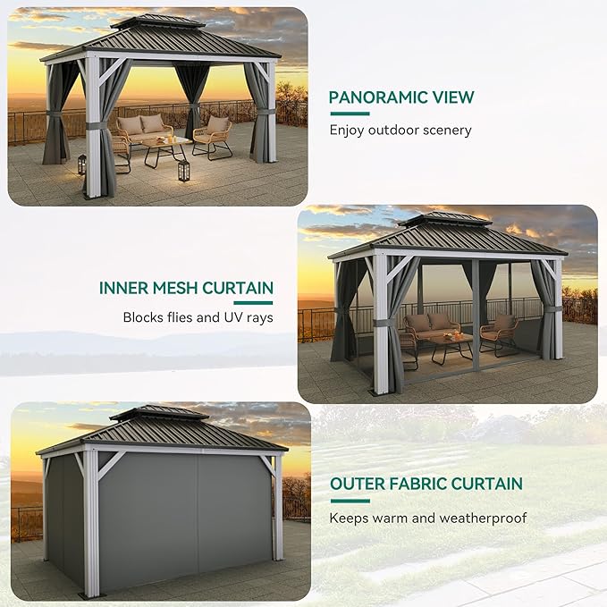 YITAHOME 10X12FT White Hardtop Metal Gazebo Patios Double Roof Canopy Aluminum Frame Garden Gazebo Tent Curtains Netting for Patios Backyards Decks Lawns