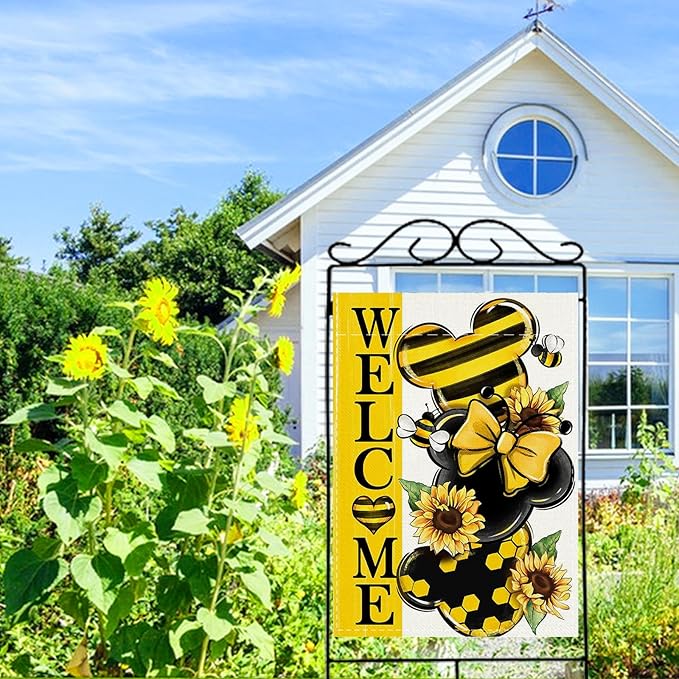 Welcome Spring Decorative House Flag, Yellow Sunflower Honey Bumble Bee Garden Yard Outside Decorations, Seasonal Burlap Outdoor Large Home Decor Double Sided 28 x 40