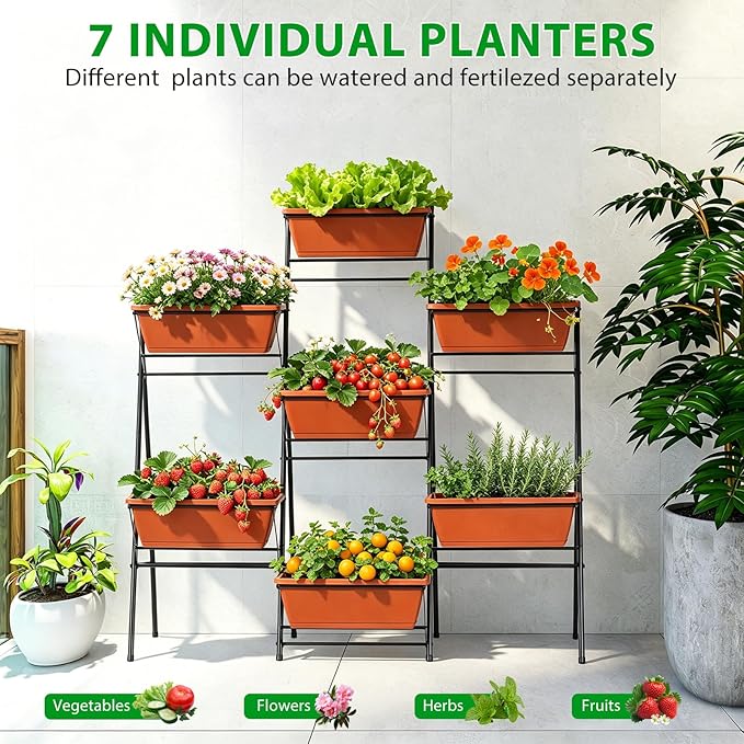 Raised Garden Bed Outdoor Indoor Elevated Tiered Standing Planter Box with Legs Vertical Plastic 7 Planter Boxes Herbs Flowers Vegetables for Backyard Patio Balcony, Red