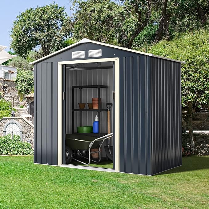 Goplus Storage Shed, Metal 7' X 4' Outdoor Building Organizer with 4 Vents & Double Sliding Door for Garden Backyard Farm (7'X4')