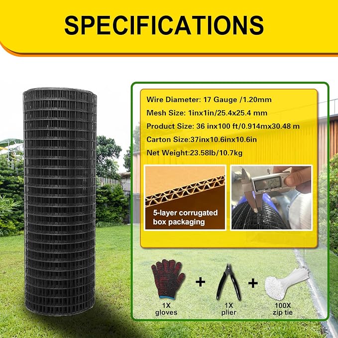Black Hardware Cloth 1inx36inx100ft, Chicken Wire Fencing, 19Gauge, Vinyl PVC Coated Mesh, Welded Wire mesh, Perfect for Gopher Wire, Rodent Mesh, Tree Guard, Chicken Coop