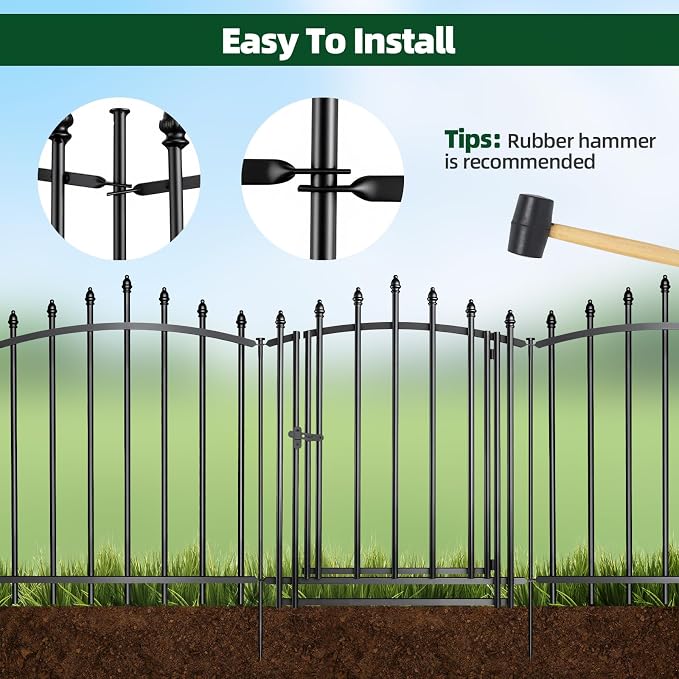 5 Panels，No Dig Edging Decorative Garden Fence，32 in （H） x 24 in（L），Metal Rustproof Panel，Outdoor Dog Fence，Animal Isolation Fence Suitable for Gardens，Roman Column Black with Gate