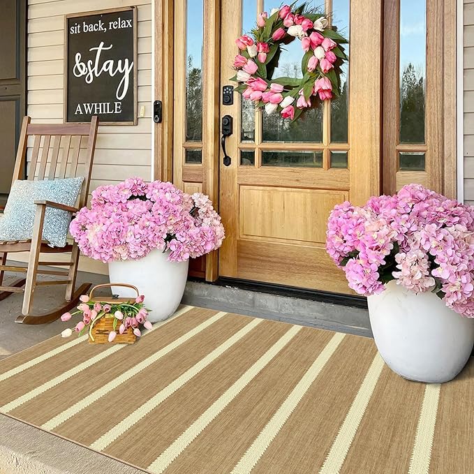 Striped 3x5 Entry Rug - Small Washable Indoor Outdoor Mats for Front Door Non-Slip Porch Rug Tan Beige Farmhouse Throw Rugs for Living Room Bedroom Entryway Kitchen Mudroom Office Porch Decor