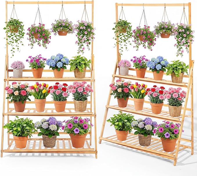 Leinuosen 2 Pcs 50.4" Bamboo 3-tier Tall Plant Stand with Hanging Shelf, Indoor & Outdoor Ladder Flower Pot Display Shelf Wooden Tall Foldable Plant Stand Holder for Garden Patio Balcony Living Room