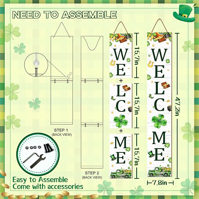 St. Patrick's Day Porch Sign Saint Patrick Wooden Welcome Sign For Front Door Shamrock Clover Home Decoration Vertical Sign For Patio Porch Standing Yard Sign for Indoor Outdoor Garden Wall
