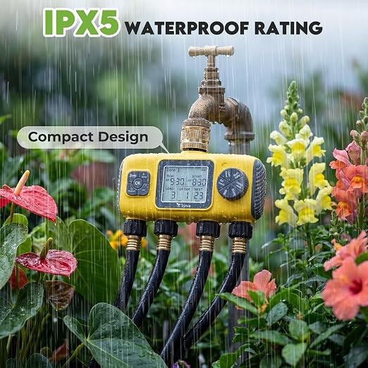 4 Zone Water Timer for Garden Hose, 4 Outlets Sprinkler Timer for Watering with Brass Inlet,Rain Delay/Automatic/Manual Irrigation System for Garden Sprinkler Controller for Lawn Yard Garden