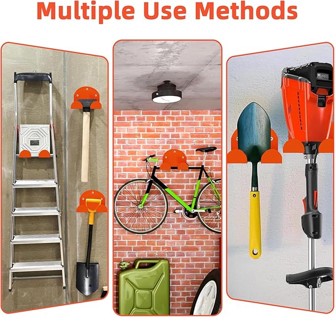 Garage Organizer Trimmer Rack, Weed Eater Hanger for Garage Wall, Heavy Duty Garden Power Tool Holder Wall Mounted for Grass Trimmer, Hedge Trimmer, Garden Tools，4 Pack (Orange)