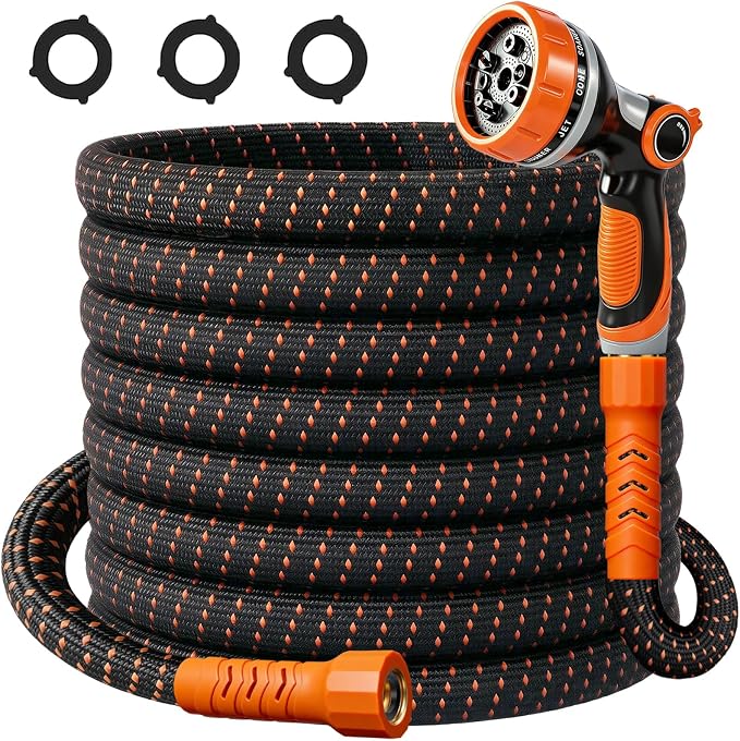 50FT Flexible Garden Hose & 10Modes Nozzle,Lightweight Water Hose,Kink-Free,All-Weather 3/4 in. Hose for RV,Boat,Car Wash,Garden,Yard,Camper,Outdoor NoneExpanding (Orange-Black, 50 Feet)
