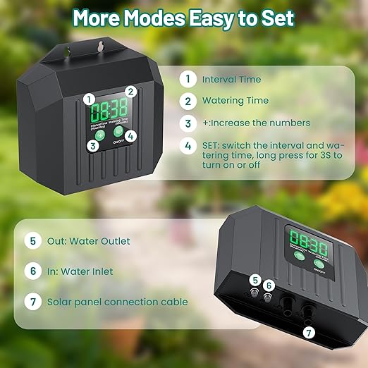Biling 4W Solar Drip Irrigation System Kit, Digital Programmable Automatic Water Timer with 2200mAh Battery, Water-Saving Garden Watering System for 15-20 Potted Plants Outdoor/Indoor