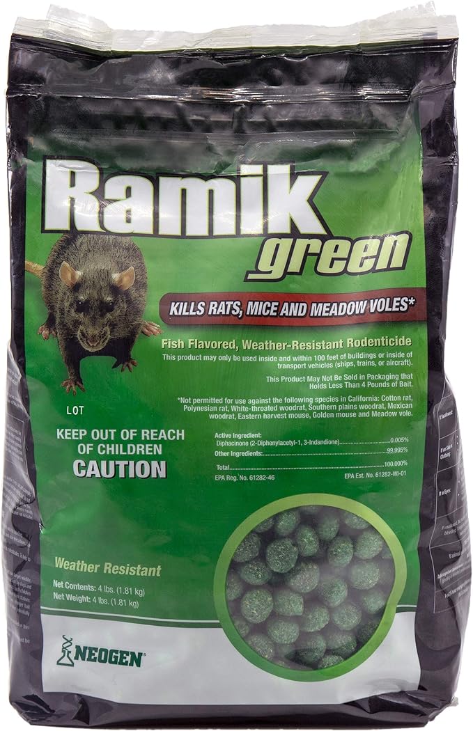 Neogen Ramik Green Fish Flavored Weather Resistant Rodenticide Nuggets, 4 lb bag (00615)