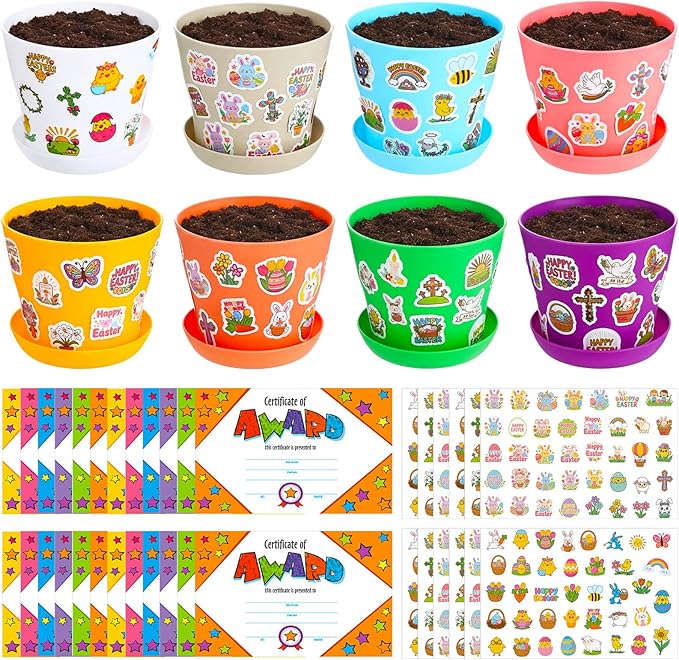 Domensi 30 Pack Garden Pot Craft Kit 4 Inch DIY Religious Crafts for Kids Bulk Small Plastic Spring Flower Plant Pot Plastic Planter with Tray Drainage Holes with Tag, Certificate of Award, Sticker
