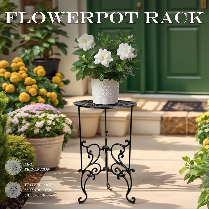 Heavy Duty Cast Iron Potted Plant Stand - 19.5IN Decorative Flower Pot Holder,Vintage & Rustic Style Indoor Outdoor Garden Pots Container Supports（Vintage Ornate Plant Shelf）