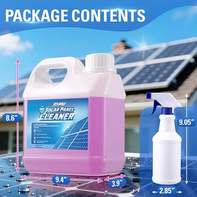 Solar Panel Cleaner 32oz (20X Concentrate, Makes 150 Gallons), Solar Panel Cleaning Fast Evaporating Formula, Includes 500ml Dilution Spray Bottle (Bottle Only), Multi Surface Use
