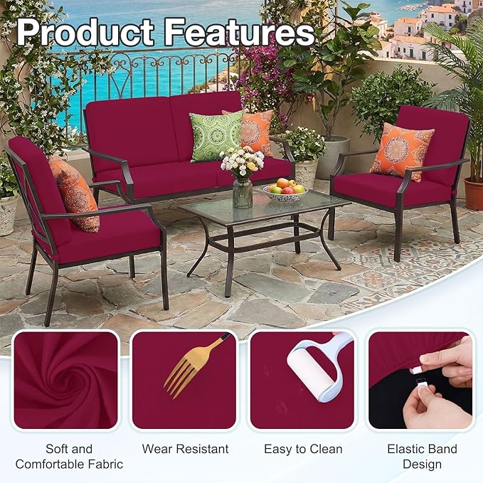 hyha Waterproof Outdoor Cushion Covers for Patio Furniture, Stretch Patio Chair Cushion Slipcovers, Coated UV Resistant Replacement Seat Covers, Solid Color (Wine Red, 8PC)