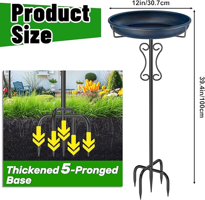 Metal Bird Bath for Outside,Upgraded 5 Pronged Base Birdbath & Feeder Bowl,Vintage Freestanding Birdfeeder for Garden Patio Yard Lawn Decor (Vintage Blue)