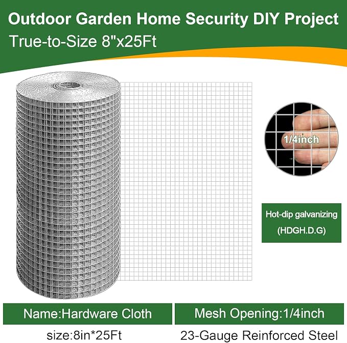 8in x 25Ft Hardware Cloth Hot-Dip Galvanized Welded Chicken Wire Fencing - Heavy Duty 23 Gauge Wire Mesh for Garden, Chicken Coop, Rabbit Cage, Rodent & Predator Protection