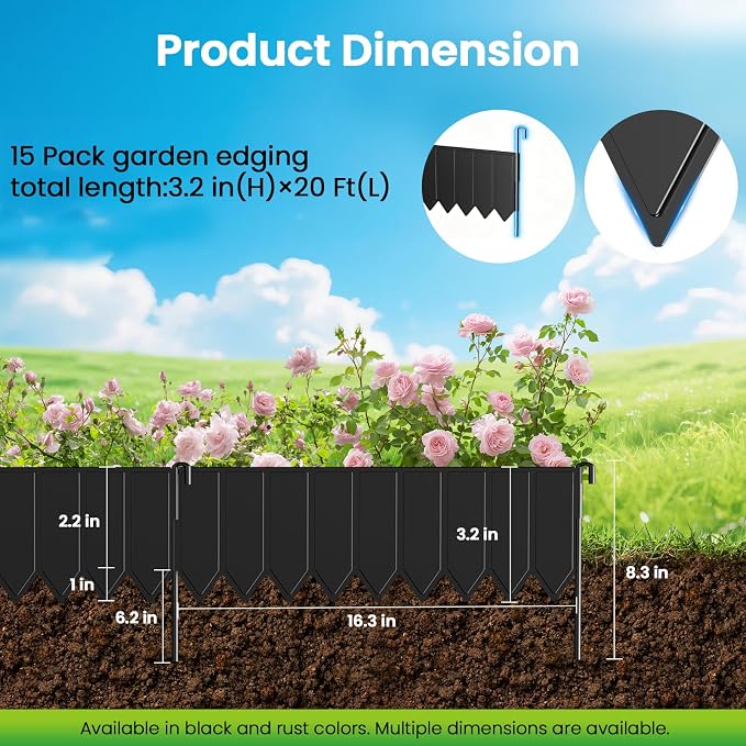 15 Panels Modular Metal Garden Edging 3.2in (H) x 20 ft (L)–Landscape Edging with 16 Stakes, Adjustable 0-270°for Curved Lawn & Flower Bed Borders, No Dig Metal Edging for Landscaping (Black)