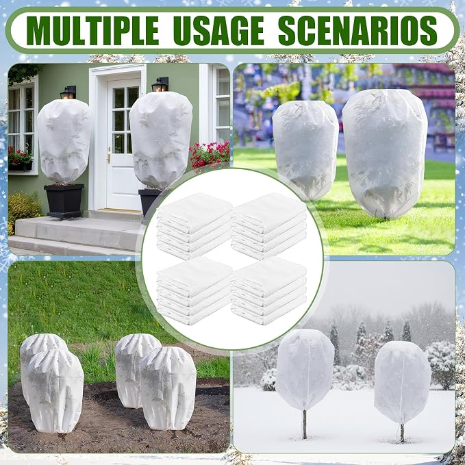 SATINIOR 16 Pcs 47 x 71 Inch Plant Covers Freeze Protection, Reusable Plant Protector Frost Cloth Warm Blankets, Winter Bush Tree Cover with Drawstring Outdoor (White)
